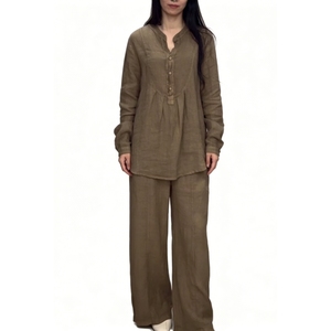 Completo Autunnale da <span class=keywords><strong>Donna</strong></span> Sehe Fashion Due Pezzi con Comodo Top a Maniche Lunghe in Misto <span class=keywords><strong>Cotone</strong></span> e <span class=keywords><strong>Lino</strong></span> e <span class=keywords><strong>Pantaloni</strong></span> Casual a Gamba Larga con Coulisse - Product Image 1
