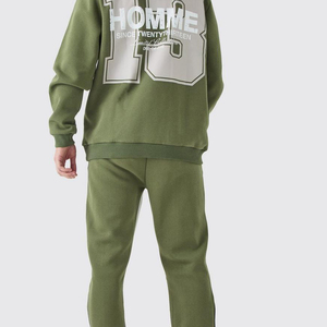 Men's Olive Green Hooded Sweatshirt Set With Front Print Pocket Regular Fit Casual Autumn Wear - Product Image 4