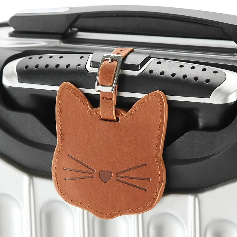 Custom Logo PU Leather Luggage Name Tag Personalized Cute Cat Pattern Pure Color Bag Parts Accessories Promotional Gift
