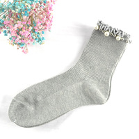 Chaussettes en coton tricoté transparentes, respirantes, antibactériennes, colorées, unies, à volants, pour femmes, avec perle, vente en gros