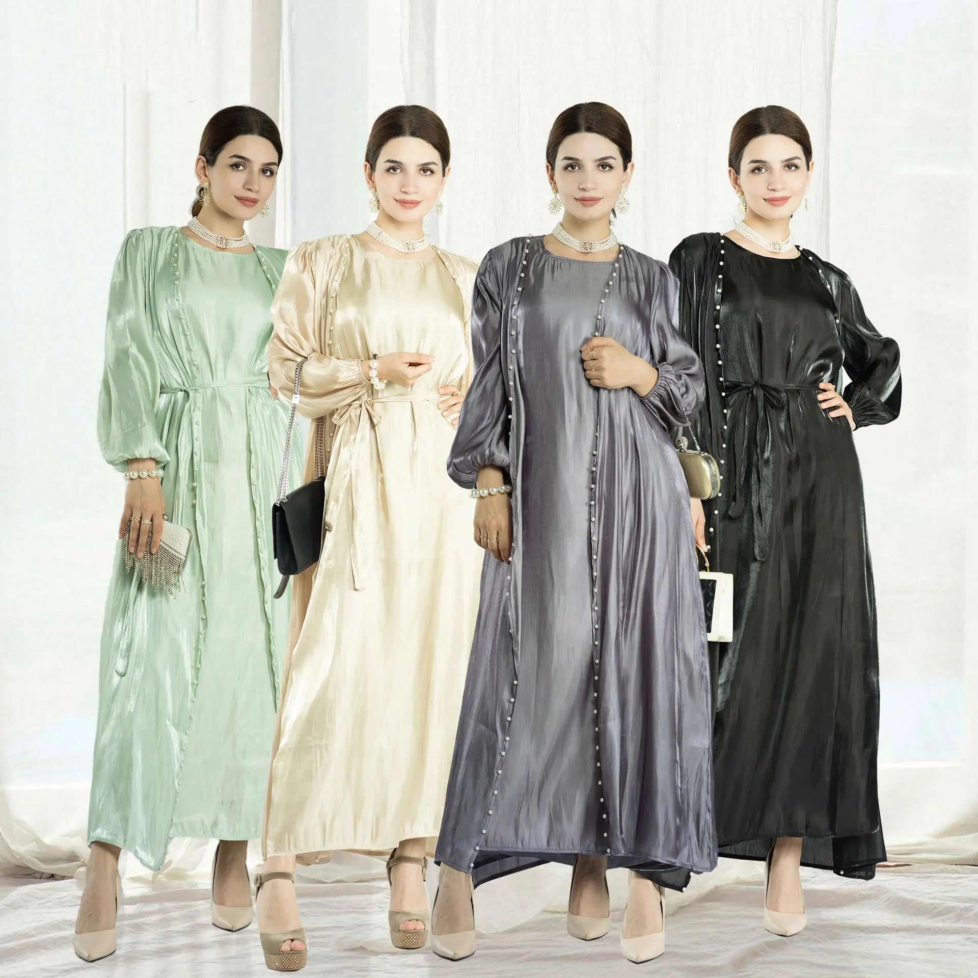 Abaya vestido abaya feminino, vestido de mulheres musculino moderno e islâmico do dubai, tecido brilhante, abaya aberto com vestido deslizante interno, conjunto de 2 peças