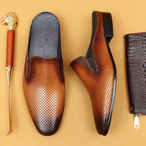 Openwork genuine <b>leather</b> closed-toe <b>slippers</b>, half-covered cowhide men's casual shoes, retro men's shoes - Product Image 2