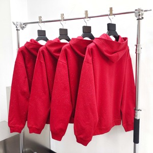 Logo personalizzato <span class=keywords><strong>Oversize</strong></span> 100% cotone colore rosso strass Streetwear stampa di lettere pullover americani felpe felpe con cappuccio - Product Image 2