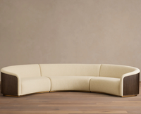 Canapé modulaire incurvé avec tissu bouclé, design demi-lune en 3 parties, côtés en bois cannelé, base en métal doré, luxe