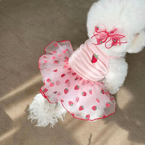 Vestido <span class=keywords><strong>de</strong></span> Verano para Mascotas, Estilo Coreano Japonés, Falda <span class=keywords><strong>de</strong></span> Tul con Estampado <span class=keywords><strong>de</strong></span> Fresas Rosadas y Lazo para Perros y Gatos - Product Image 2