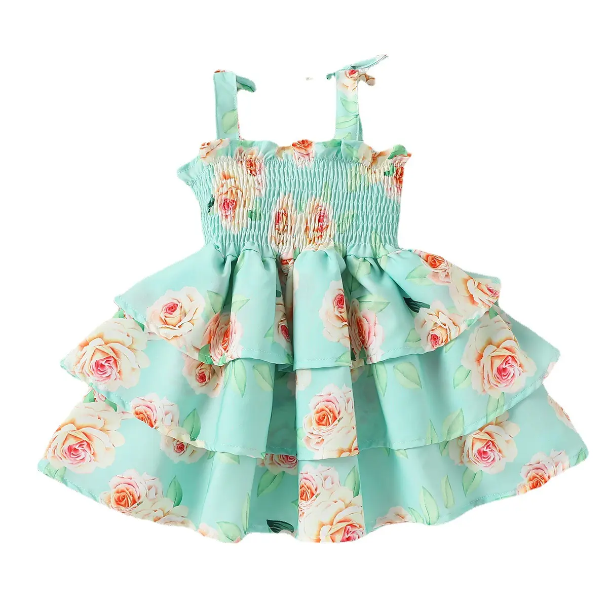 Çocuk kız giyim yeşil çiçek kız kolsuz elbise çiçek ve yaylar ile yaz özel toptan bebek kız elbiseler