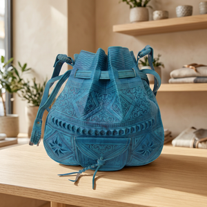 Sac à dos en cuir véritable bleu fait main avec fermeture à cordon, style classique, sac de voyage durable pour femmes - Product Image 6