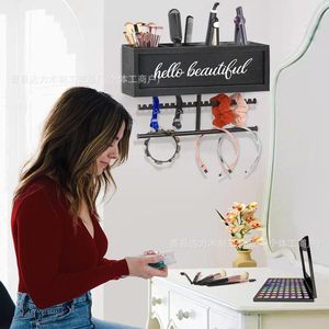 Soporte de pared de madera para secador de pelo con barra para toallas y ganchos para organización de cuidado personal en el baño - Product Image 3