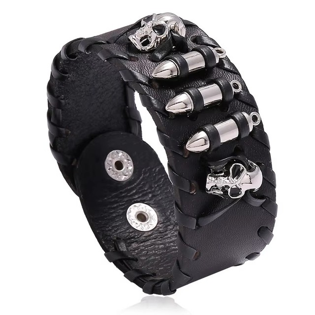 Gothic Punk Skull Bullet Leather Cuff Bracelet Wide Adjustable Biker Wristband for Men Women, Studded Rock Vintage Wrap Jewelery