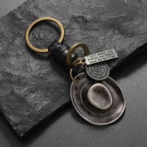 Personalized Alloy Jazz Woven Cowhide Simple Car Pendant Wholesale Retro Cowboy <b>Hat</b> Metal Keychain - Product Image 3