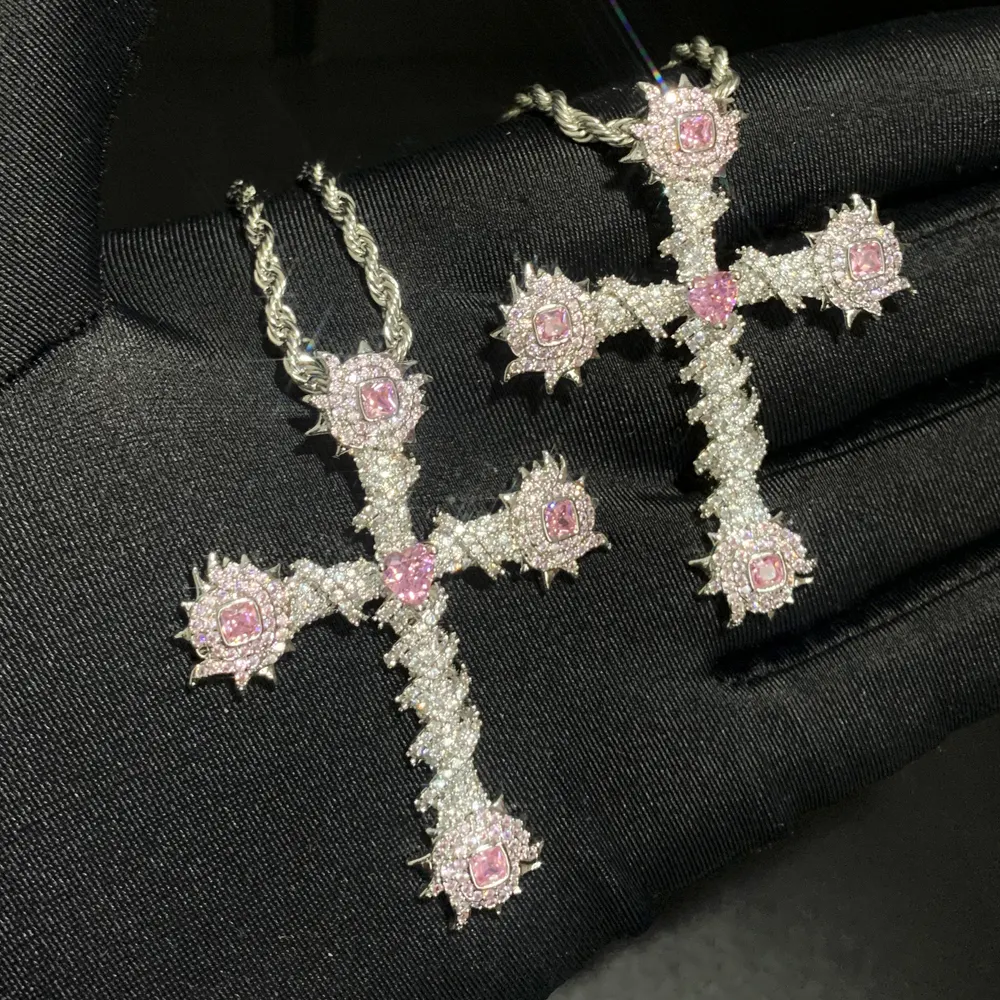 Покрытое серебром полностью вымощенное кубическим цирконием подвеска в виде Креста ожерелье со льдом розовое сердце CZ хип-хоп для мужчин и женщин ювелирные изделия