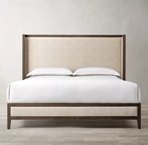 Lit double en bois massif de style américain, avec revêtement en tissu, design simple, personnalisable pour salle d'exposition, hôtel, chambre principale - Product Image 1
