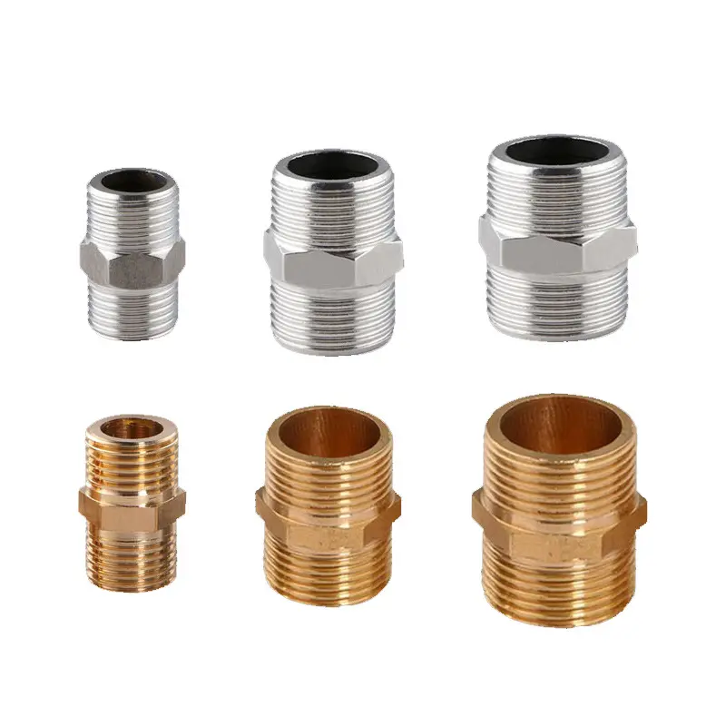 Brass copper pipe fittings hexagon equal nipples male threaded plumbing coupling connector for water gas oil factory