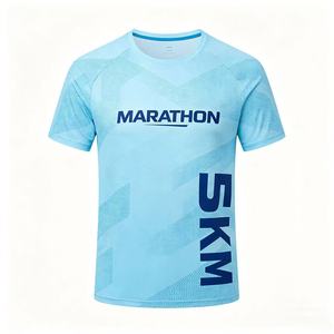 เสื้อยืดวิ่งมาราธอนแบบแห้งเร็ว ผลิตตามสั่ง ตัวอย่างผ้าโพลีเอสเตอร์ 100% พิมพ์ลายด้วยความร้อน สำหรับงานโฆษณา ผ้าถักเนื้อแน่น - Product Image 1