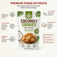Sachet d'emballage personnalisé pour biscuits à la noix de coco, refermable, à fond plat, résistant à l'humidité, pour biscuits et snacks