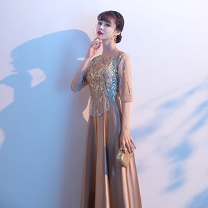 Women's Long Evening Dress Champagne Gold <b>Sequined</b> A-Line Boat Neck Empire Waistline Performance Costume - Product Image 3