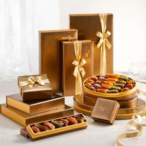 Luxueux arabistan ramazan packged çikolata taze tarihleri kutusu premium suudi arabistan altın eid mubarak hediye kutusu kuru tarihleri kutu ambalaj