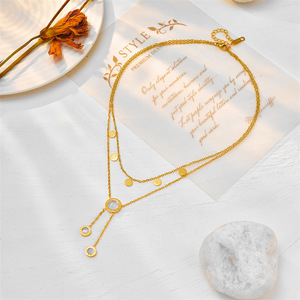 European American Style Double Layer Round <b>Shell</b> Tassel Necklace Gold Color Titanium Steel Clavicle Chain Niche Design <b>Light</b> - Product Image 3
