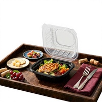 Boîte alimentaire rectangulaire longue en plastique à charnières, noire, pour emballage à emporter