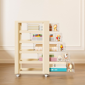 Moderno Mueble de Almacenamiento de Plástico Blanco Crema con Ruedas, Vitrina Transparente con Puerta Enrollable para Colección de Figuras - Product Image 4