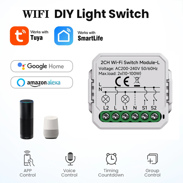 For WiFi Smart Switch Module No Neutral Wire Required Breaker Relay 2 3 4 Gang Neutral Optional Alexa Hey Google 240V 10A