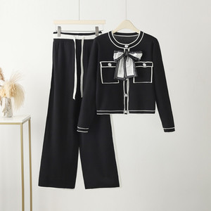 Cárdigan corto con cuello redondo y pecho abierto, <span class=keywords><strong>pantalones</strong></span> holgados de cintura alta, conjunto doble, novedad de Primavera al por mayor - Product Image 6