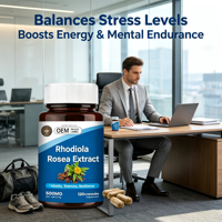 Complément Alimentaire Biologique à Base de Plantes OEM Rhodiola Rosea en Capsules Végétariennes pour le Stress, l'Énergie, l'Humeur, la Vitalité Quotidienne et la Détoxification