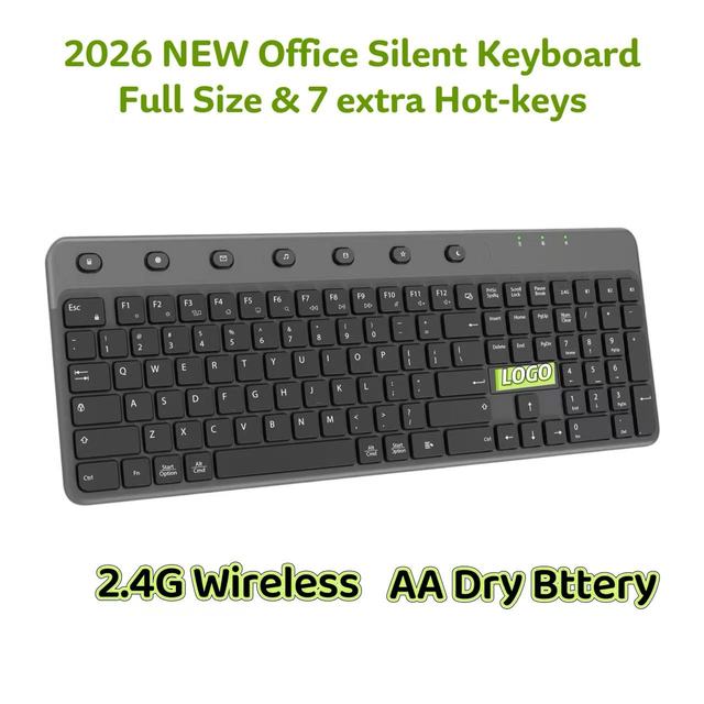 2026 New Arrival Full Size Wireless Silent Office Keyboard 104 Keys 7 Extra Media Hotkeys Programmable Adjustable Windows/Mac