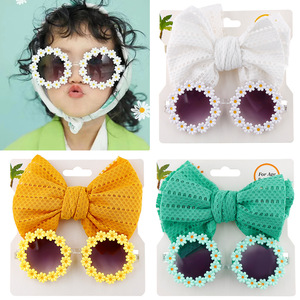 Qianjin promosyon el yapmak bebek papatya güneş gözlüğü büyük yay naylon Hairband seti tatlı kız gözlük plaj fotoğraf fotoğraf - Product Image 3