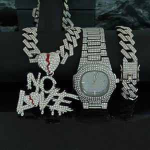 Ensemble de bijoux en alliage d'or et d'argent et strass, style hip-hop, avec pendentif <span class=keywords><strong>NOLOVE</strong></span>, collier, bracelet et montre en quartz rouge, en stock usine - Product Image 5
