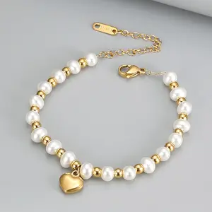18K gold plated stainless steel heart charms fresh water pearl beaded adjustable gold chain ladies bracelets