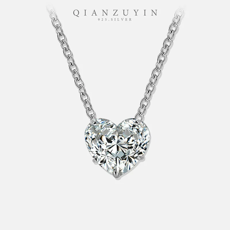 QIANZUYIN 925 Minimalist Pendant Women Fine Jewelry Necklaces Zirconia Jewelry 925 Sterling Silver Heart Necklace