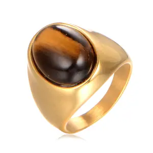 Wholesale men's jewelry stainless steel rings gemstone class oval tiger eye stone ring for men