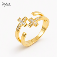 Bague ajustable ouverte à double croix en laiton plaqué or micro-pavé CZ blanc, bijoux de mode personnalisés Mylove pour femme, cadeau religieux