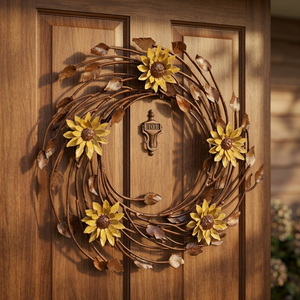 Corona de Girasoles de Metal Rústico, Flores Decorativas Hechas a Mano, Corona Redonda sin Luces para Colgar en la Puerta o Pared - Product Image 3