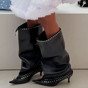 Metal Holes Decor Women Front Bow Long <b>Boots</b> Low Heels Pointed Toe Knee High Booties Pleated Loose Upper on Shoes - Product Image 1