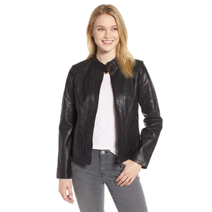 Chaqueta de piel de oveja acolchada elegante para mujer, chaqueta de cuero genuino negra con cuello alto y cremallera completa para mujer - Product Image 1