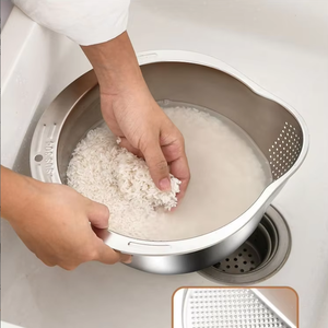 Edelstahl-Schüssel mit Schrägauslauf und Sieb zum Waschen von Obst und Bohnen – Vielseitiges Küchenwerkzeug - Product Image 3