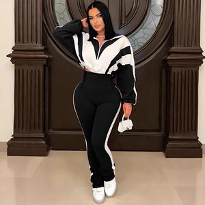 Women Fashion Casual High Waist Trousers Cardigan Color Block Stitching Sports Suit Autumn Set S391403 - Product Image 3