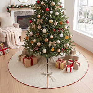 Beige Linen Burgundy Piping 58in Christmas Tree Skirt Weihnachten Rustic Outdoor <b>Xmas</b> Home Decoration Gift - Product Image 2