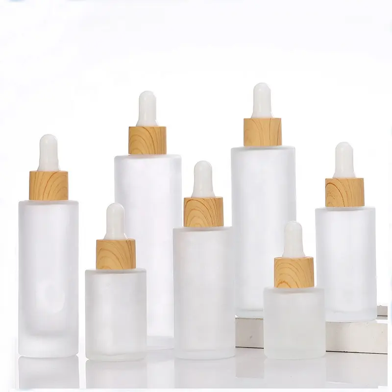 Flat shoulder dropper bottle 30ml 50ml 60ml 100 ml frosted glass bottle with plastic wooden dropper pipette for cosmetic