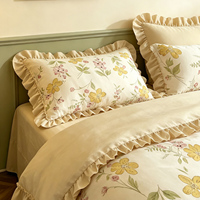 Parure de lit en coton 100% à volants superposés, motif floral jaune pastoral français, style campagne française