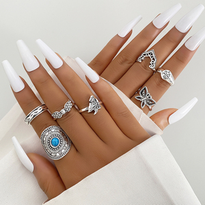 2026 7pcs Vintage Finger Jewelry Kit Women Face Crown Tiara Wing Turquoise <b>Ring</b> <b>Set</b> - Product Image 2