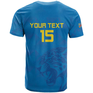 T-shirt personnalisable avec nom/nombre de l'équipe nationale de football du Congo, « Les Léopards », maillot à manches courtes bleu avec imprimé léopard - Product Image 2