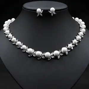 White Pearl With AAA Zircon Diamond CZ Necklace Earrings Wedding Jewelry Sets Dubai Women Luxury Copper Jewelry Sets