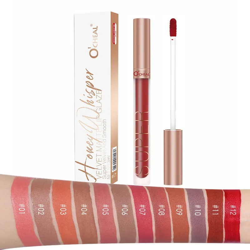 Lápiz labial de terciopelo resistente al agua de larga duración en 12 colores al por mayor, maquillaje líquido cosmético vegano de marca blanca mate rojo marrón 5g