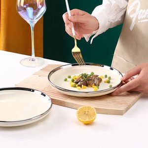 Assiette en céramique pour hôtel et restaurant, bordure argentée, plat de service en <span class=keywords><strong>porcelaine</strong></span>, style français créatif, <span class=keywords><strong>vaisselle</strong></span> crème pour la restauration fine - Product Image 5