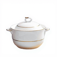 Offre Spéciale – Pot à Soupe en Céramique de Luxe Doré à Double Anse avec Couvercle – Petit Pot en Céramique pour Servir – Vente en Gros