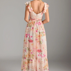 Vestido Maxi Transpirable de Tela Lyocell con Cuello Corazón, Mangas con Volantes y Cintura Elástica, Estampado Floral Abstracto, Venta al por Mayor - Product Image 2