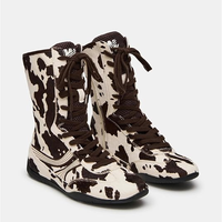 Bottes à lacets personnalisées en gros pour femmes, bottes mi-mollet à imprimé vache pour femmes, bout rond avec fermeture éclair latérale